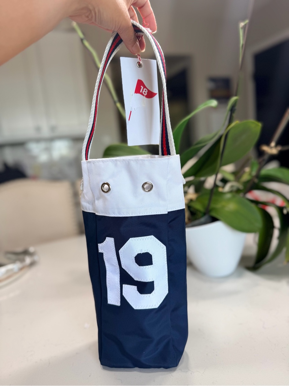Trophy Goods Navy and White Flagstick Wine Tote with Striped Handles - 19 Accent
